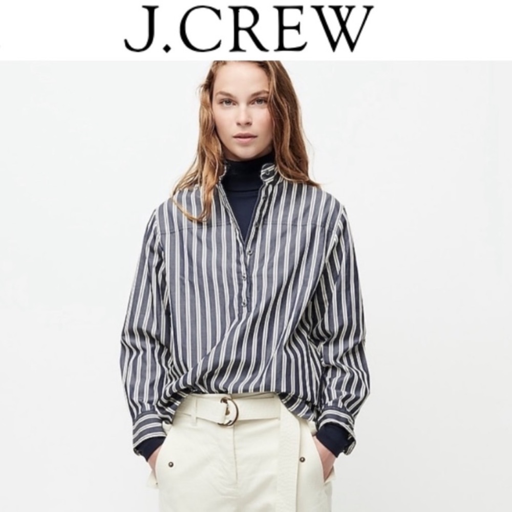 4 🔖 J. CREW Band-Collar Popover Indigo Stripe Shirt Blue AD182